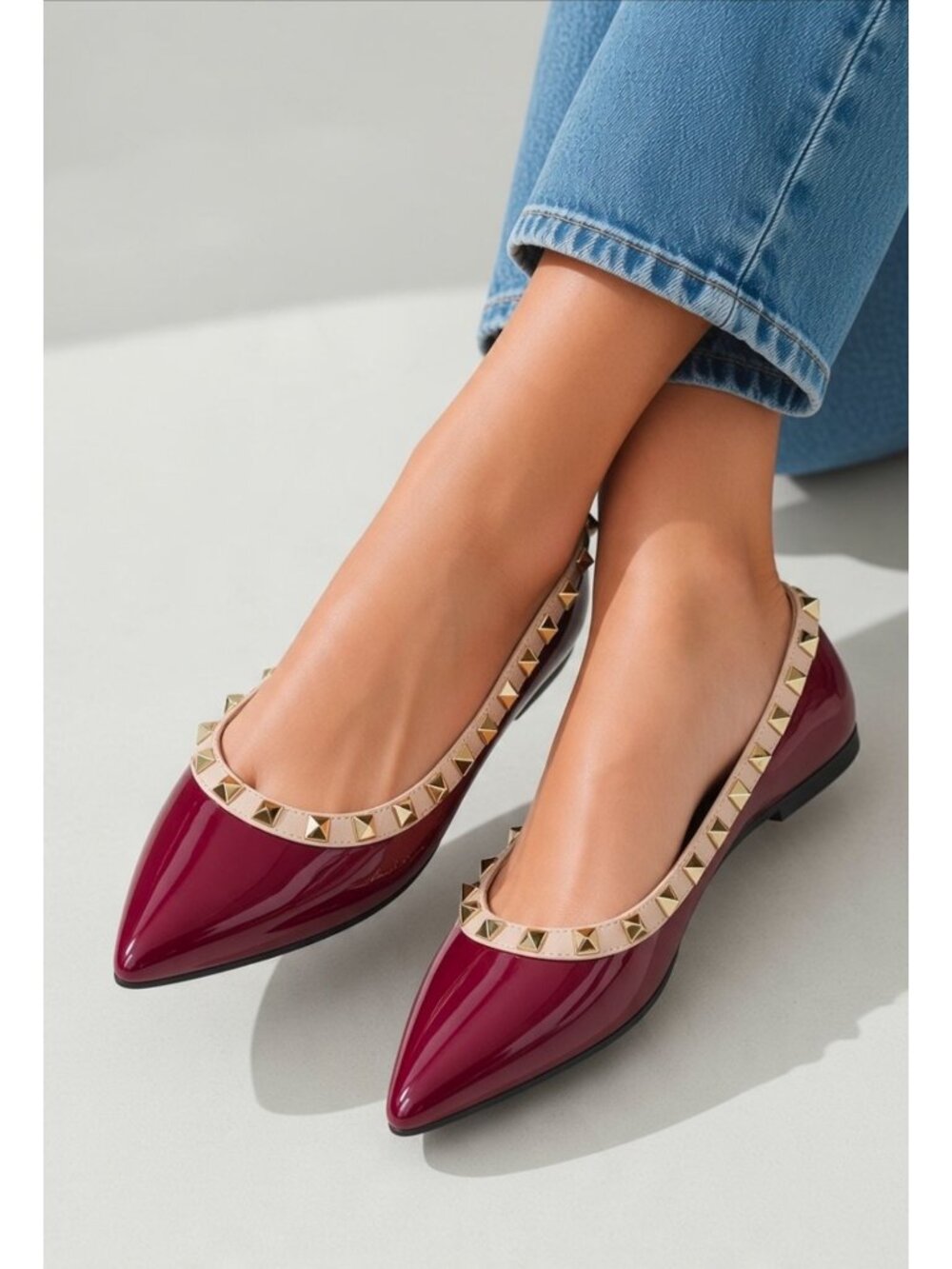 Burgundy Wine Patent Leather Pointed Toe Flats Gold Studded Chic Ballet Shoes - Picture 3 of 9